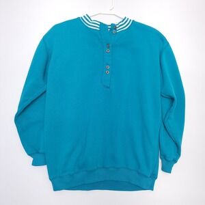 80's Cheetah Sweatshirt Women's Small Crewneck Button Pullover Striped Teal Blue